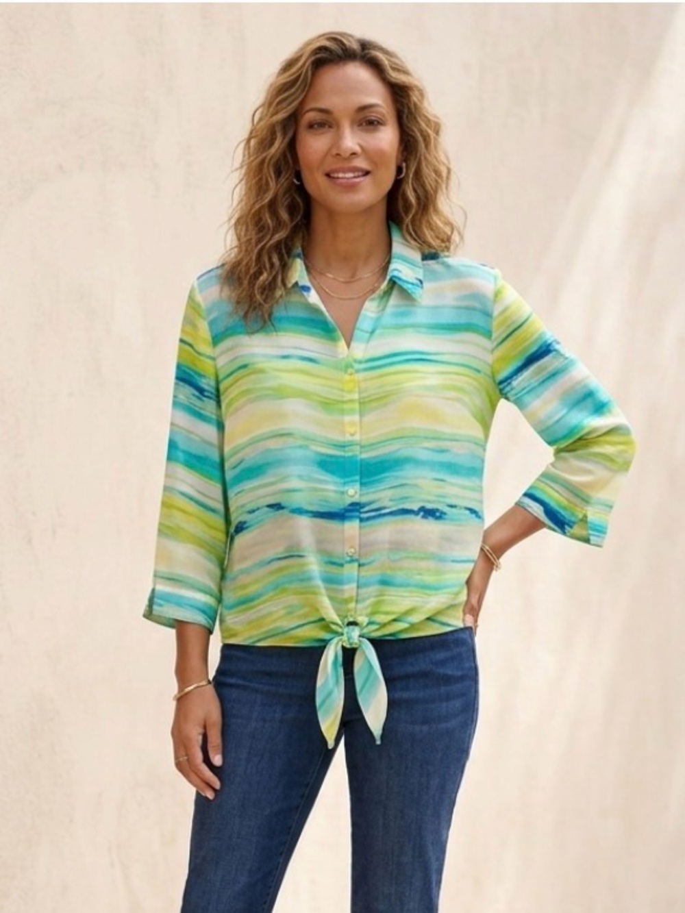 Chico's Abstract Watercolor Stripe Tie-Front Blouse Size 2 (Large / 12) Teal